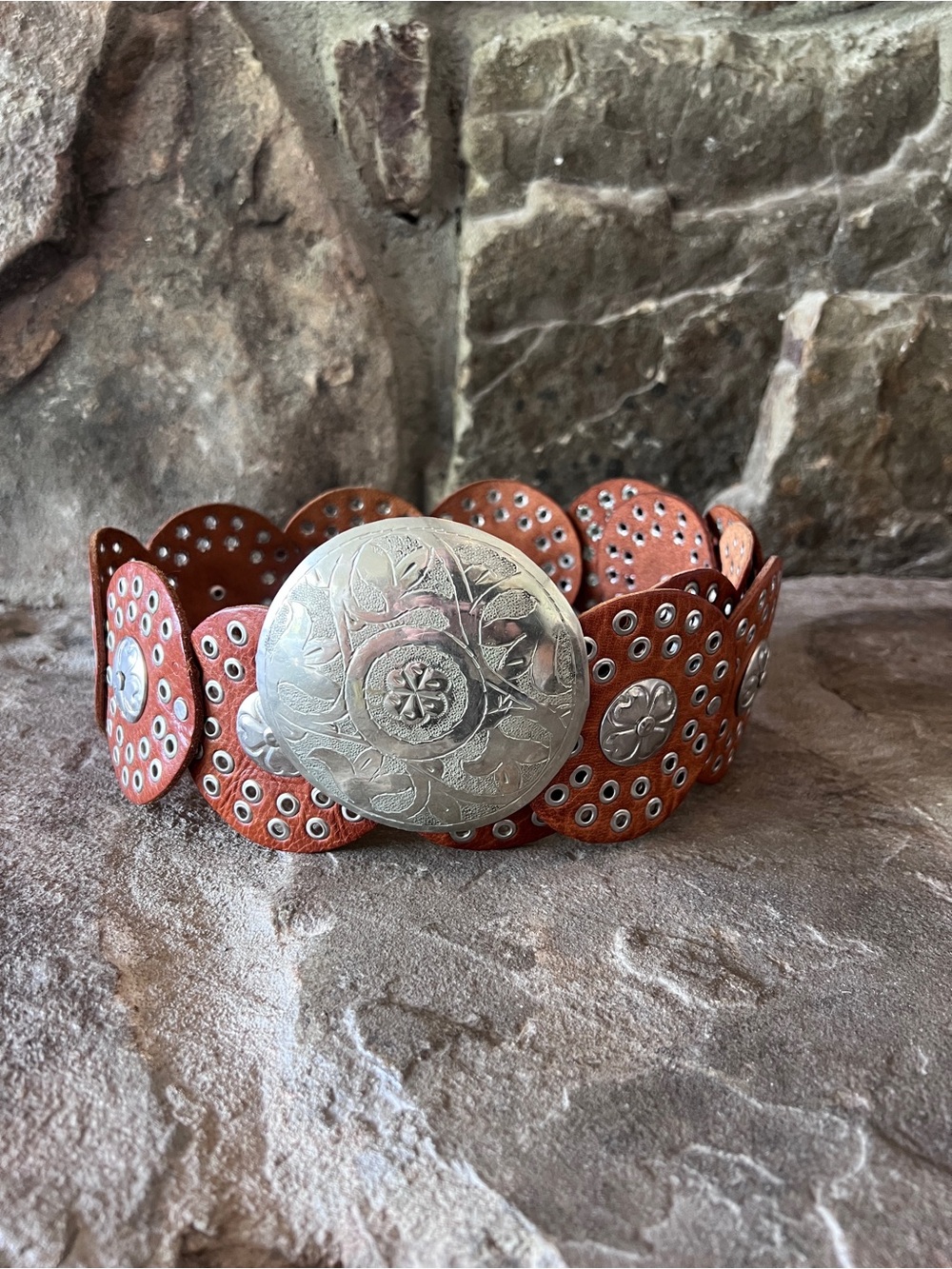 Women's Boho Moroccan Brown Leather Silver Concho Belt
